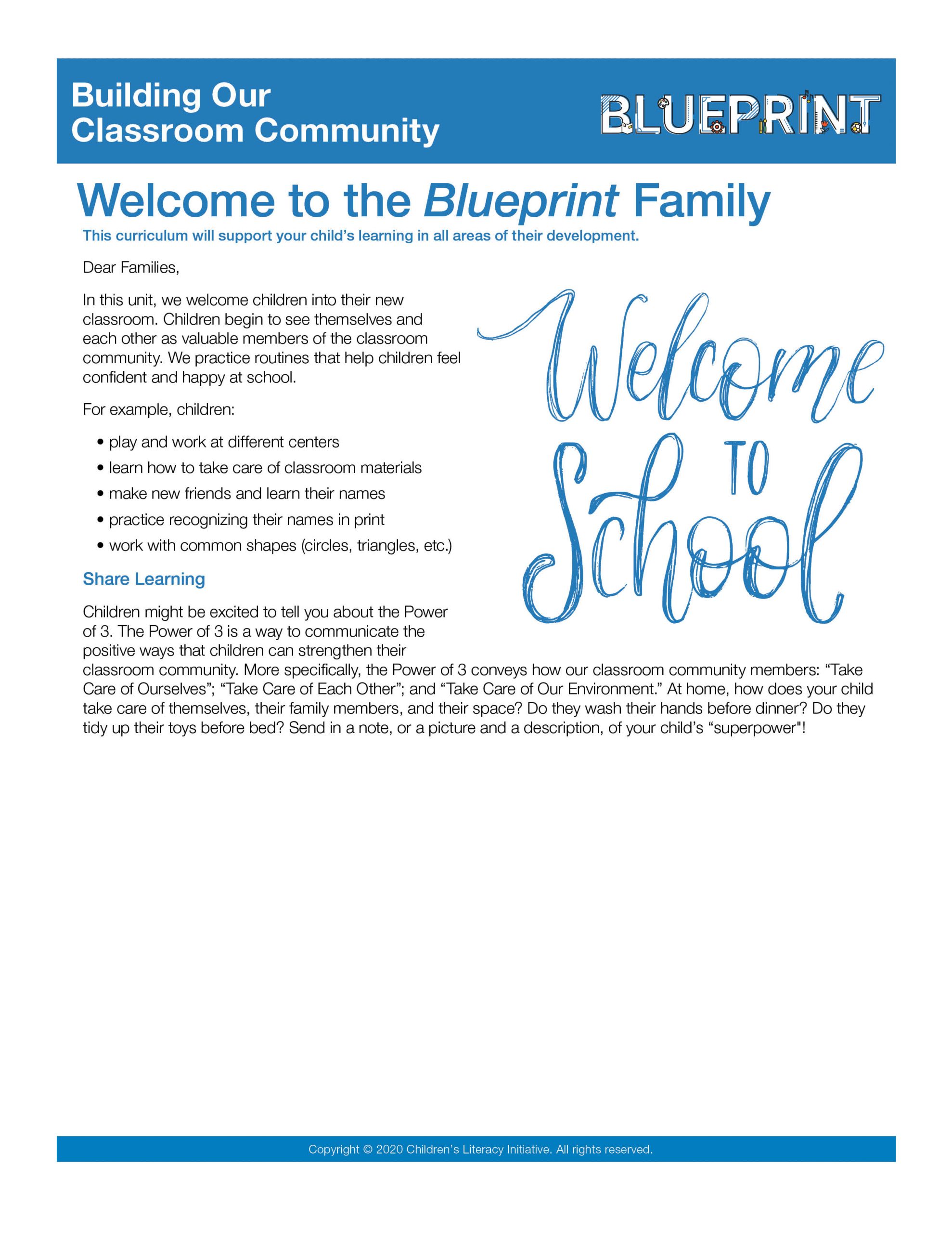 Family Letter - Welcome to the Blueprint Family